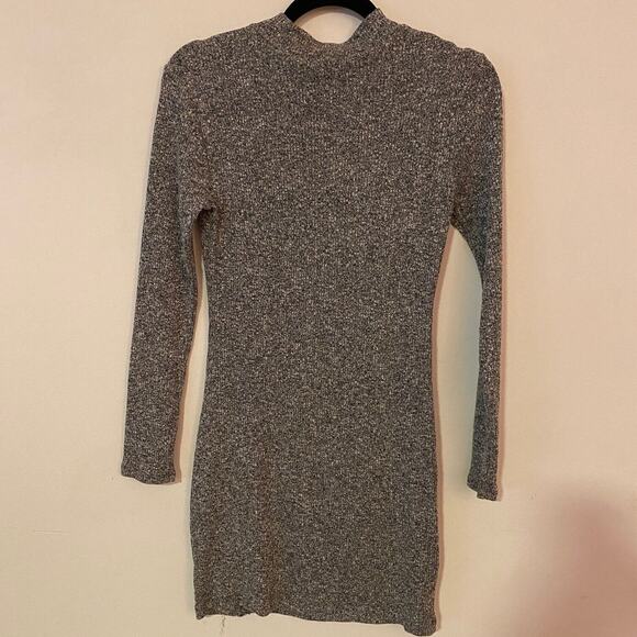 Better Be Marled Grey Knit Mock Neck Long Sleeve Split Front Bodycon Mini M - Picture 5 of 11